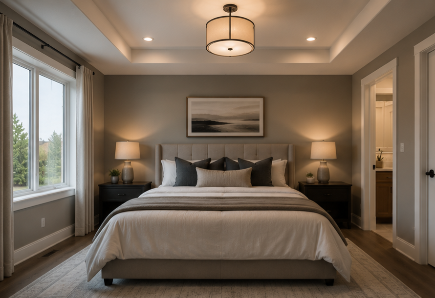 Freshly painted primary bedroom in warm neutrals