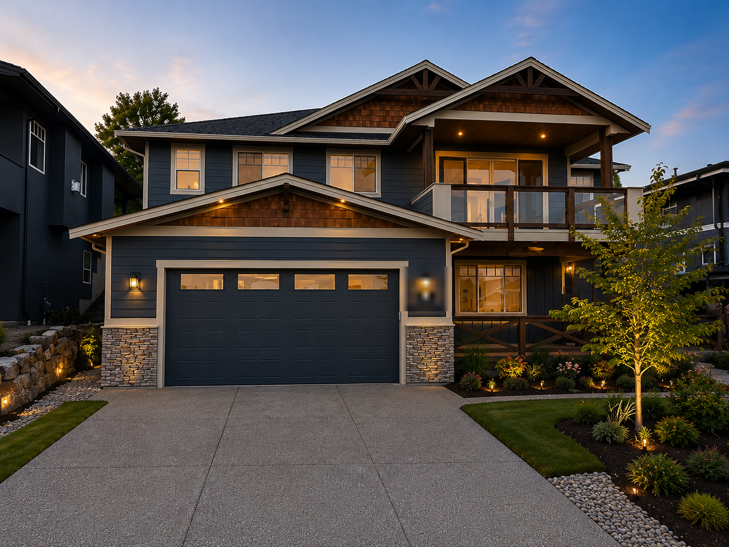 Craftsman home exterior repainted slate blue with cedar accents