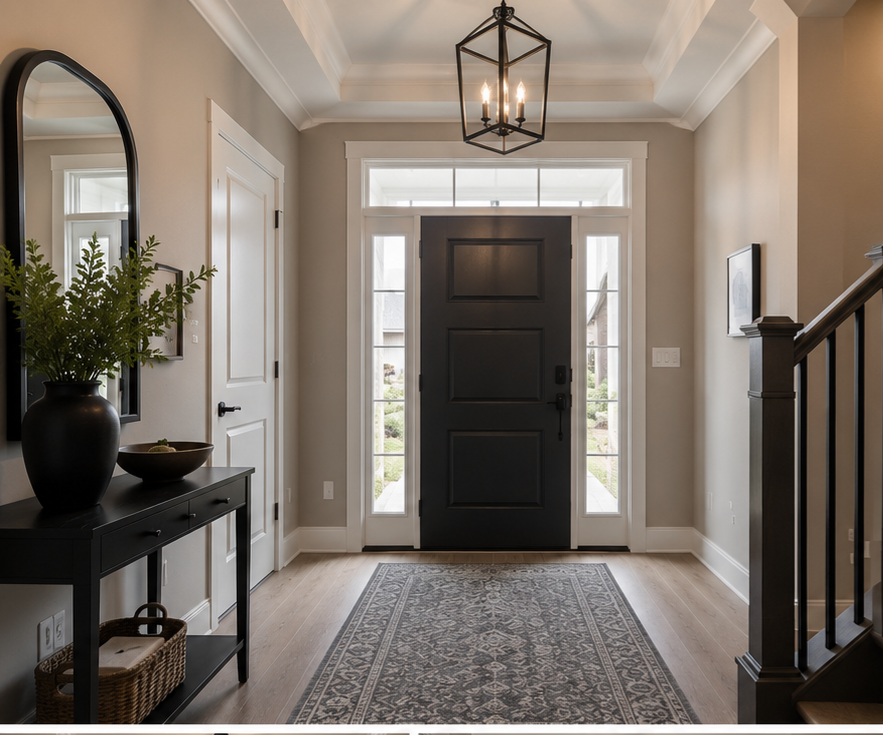 Two-storey foyer with smooth walls and crisp enamel trim