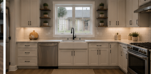 Maintained kitchen with refreshed cabinets and walls