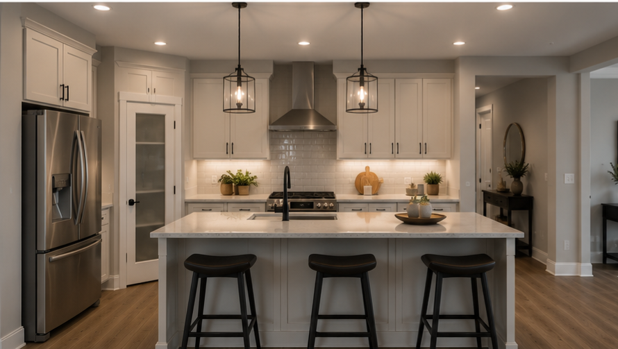 Renovated white kitchen with island and updated finishes